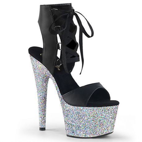 Sandale Pleaser ADORE-700-14LG bride noire, talon 178mm et plateforme 7 cm recouverts de strass argentés.