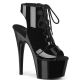 Bottine Pleaser ADORE-700-20 Noir Vernis à lacets, talon 178mm et plateforme 7 cm. Talon et bout ouverts.