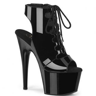 Bottine Pleaser ADORE-700-20 Noir Vernis à lacets, talon 178mm et plateforme 7 cm. Talon et bout ouverts.